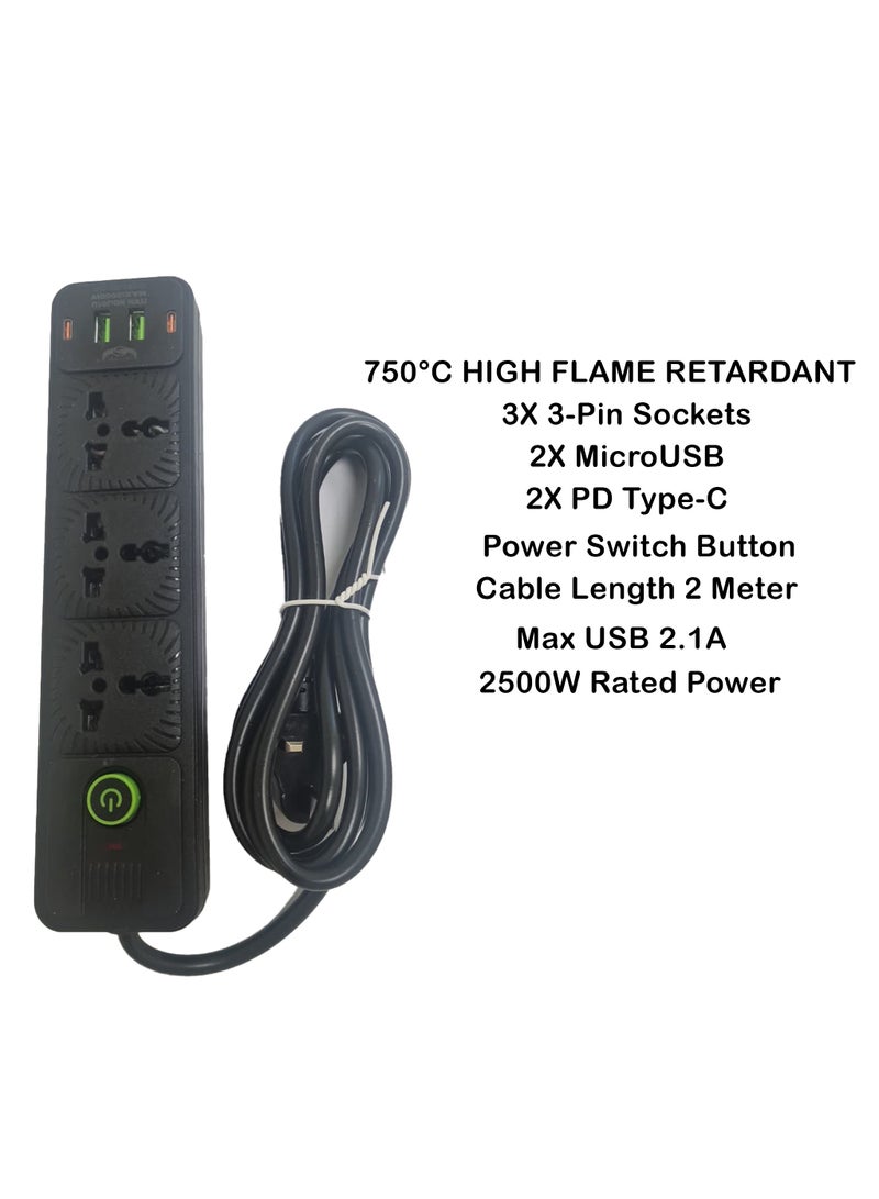 لاكي هوك موزع طاقة مزود بمنفذ USB-C ومنفذ Micro USB، ومقبس ثلاثي الاتجاهات ثلاثي الأطراف، ومنفذي شحن سريع من النوع C ومنفذي Micro USB، بقدرة 2500 واط، ومقاوم للاشتعال بدرجة حرارة 750 درجة مئوية، مزود بمفتاح تشغيل، وسلك تمديد بطول مترين، ومحطة شحن مكتبية تُثبت على الحائط، باللون الأسود. - Image 2